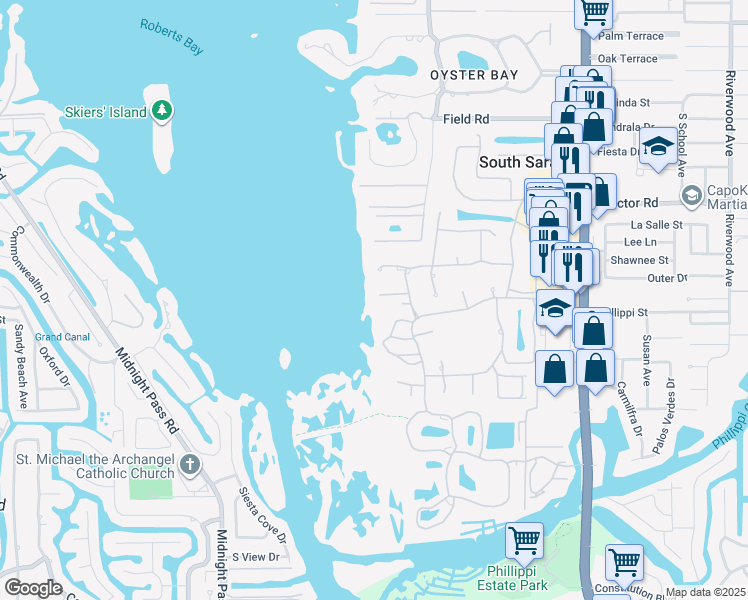 map of restaurants, bars, coffee shops, grocery stores, and more near 1300 Landings Dr in Sarasota