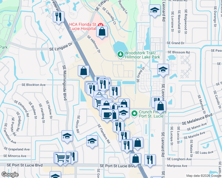 map of restaurants, bars, coffee shops, grocery stores, and more near 167 Southeast Village Drive in Port St. Lucie