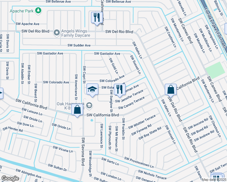 map of restaurants, bars, coffee shops, grocery stores, and more near 2049 Southwest Sunglow Street in Port Saint Lucie
