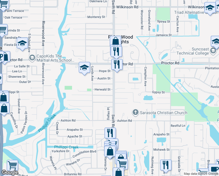 map of restaurants, bars, coffee shops, grocery stores, and more near 2720 Herwald Street in Sarasota
