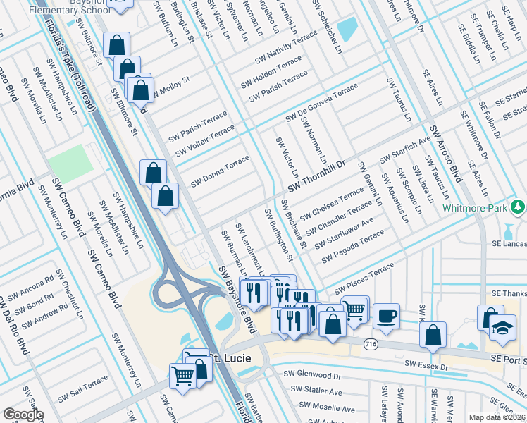 map of restaurants, bars, coffee shops, grocery stores, and more near 2022 Southwest Burlington Street in Port St. Lucie