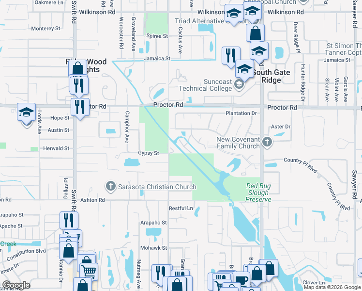 map of restaurants, bars, coffee shops, grocery stores, and more near 3268 Cross Creek Drive in Sarasota