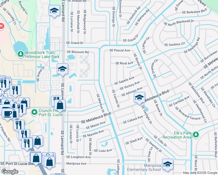 map of restaurants, bars, coffee shops, grocery stores, and more near 2408 Southeast Sapelo Avenue in Port St. Lucie