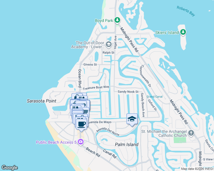 map of restaurants, bars, coffee shops, grocery stores, and more near 512 Treasure Boat Way in Siesta Key