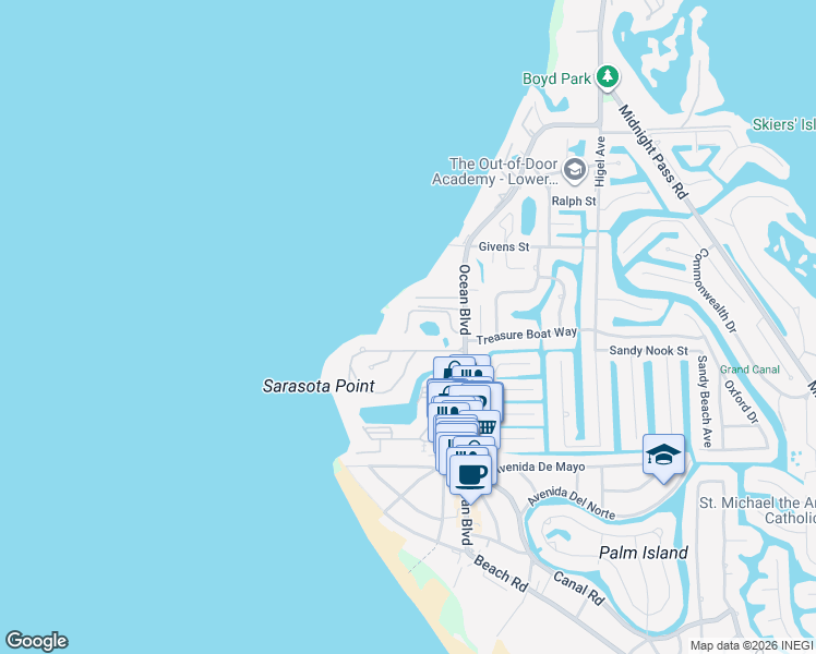 map of restaurants, bars, coffee shops, grocery stores, and more near 145 Sandy Hook Road North in Siesta Key