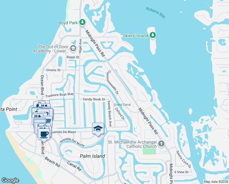 map of restaurants, bars, coffee shops, grocery stores, and more near 4934 Commonwealth Drive in Siesta Key