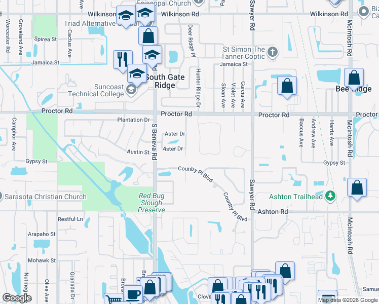 map of restaurants, bars, coffee shops, grocery stores, and more near 3744 Malec Circle in Sarasota