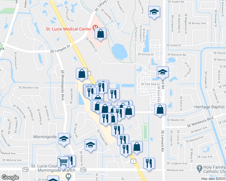 map of restaurants, bars, coffee shops, grocery stores, and more near 167 Southeast Village Drive in Port St. Lucie