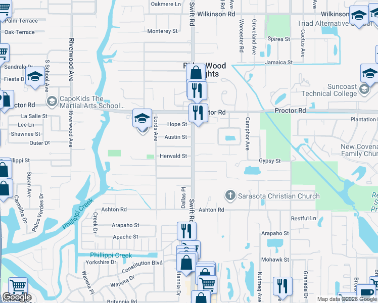map of restaurants, bars, coffee shops, grocery stores, and more near 2720 Herwald Street in Sarasota