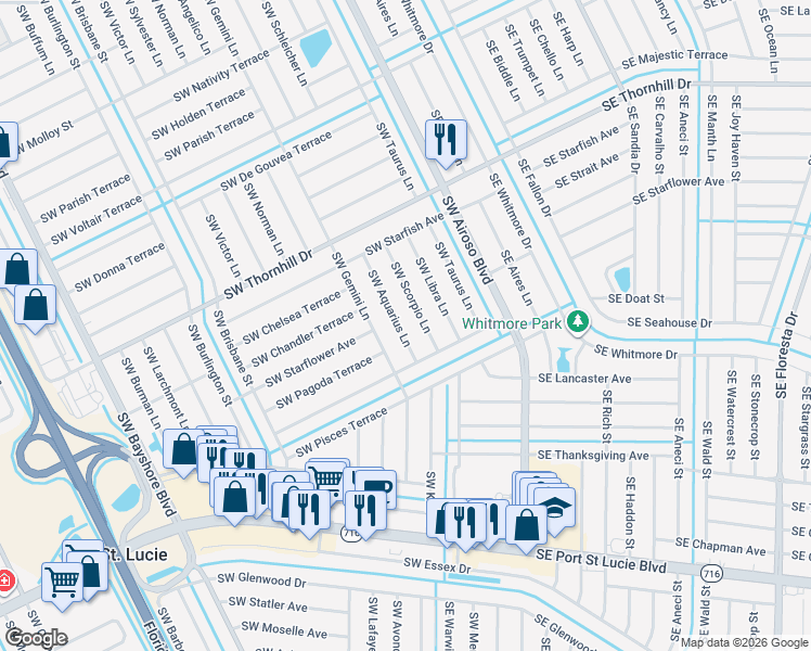 map of restaurants, bars, coffee shops, grocery stores, and more near 2041 Southwest Gemini Lane in Port St. Lucie