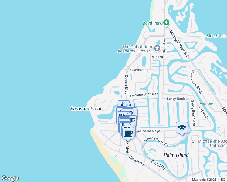 map of restaurants, bars, coffee shops, grocery stores, and more near 145 Sandy Hook Road North in Siesta Key