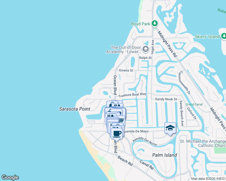 map of restaurants, bars, coffee shops, grocery stores, and more near 4842 Ocean Boulevard in Siesta Key