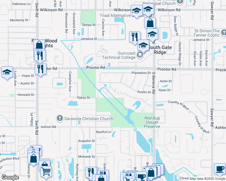 map of restaurants, bars, coffee shops, grocery stores, and more near 3338 Austin Street in Sarasota
