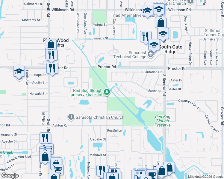 map of restaurants, bars, coffee shops, grocery stores, and more near 3264 Austin Street in Sarasota