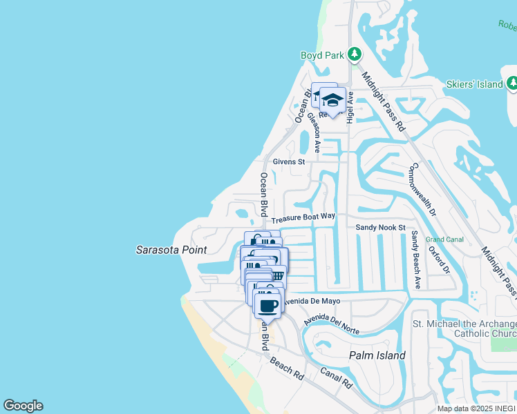 map of restaurants, bars, coffee shops, grocery stores, and more near 4842 Ocean Boulevard in Siesta Key