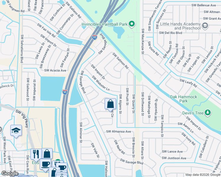 map of restaurants, bars, coffee shops, grocery stores, and more near 2341 Southwest Webster Lane in Port St. Lucie