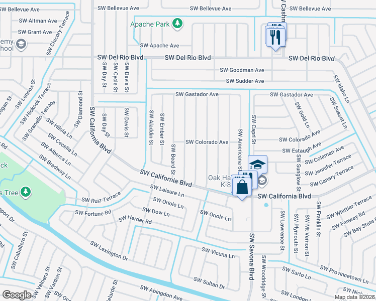 map of restaurants, bars, coffee shops, grocery stores, and more near 1365 Southwest Colorado Avenue in Port St. Lucie