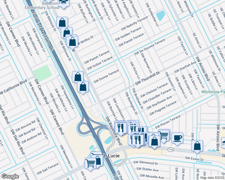 map of restaurants, bars, coffee shops, grocery stores, and more near 325 Southwest Majestic Terrace in Port St. Lucie