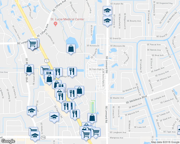map of restaurants, bars, coffee shops, grocery stores, and more near 2089 Southeast Eatonville Drive in Port St. Lucie