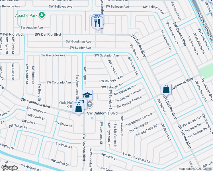 map of restaurants, bars, coffee shops, grocery stores, and more near 2026 Southwest Sunglow Street in Port St. Lucie