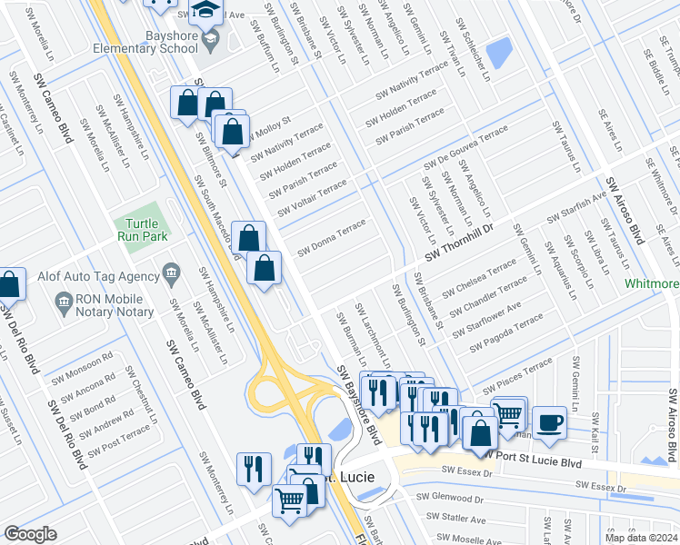map of restaurants, bars, coffee shops, grocery stores, and more near 355 Southwest Majestic Terrace in Port St. Lucie