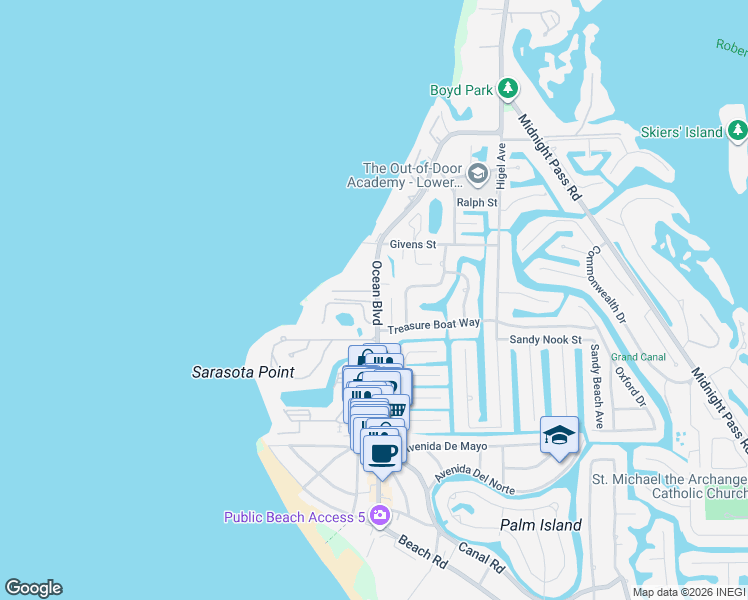 map of restaurants, bars, coffee shops, grocery stores, and more near 4842 Ocean Boulevard in Siesta Key