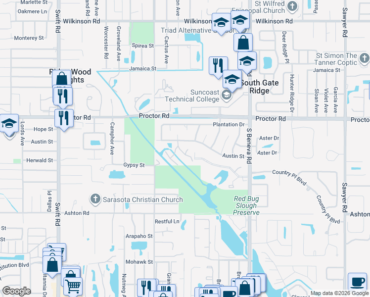 map of restaurants, bars, coffee shops, grocery stores, and more near 3338 Austin Street in Sarasota