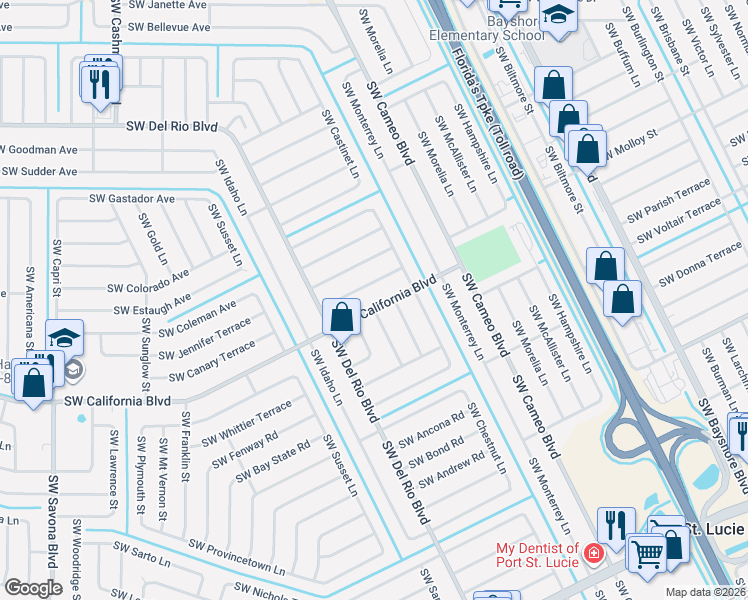 map of restaurants, bars, coffee shops, grocery stores, and more near 825 Southwest California Boulevard in Port St. Lucie