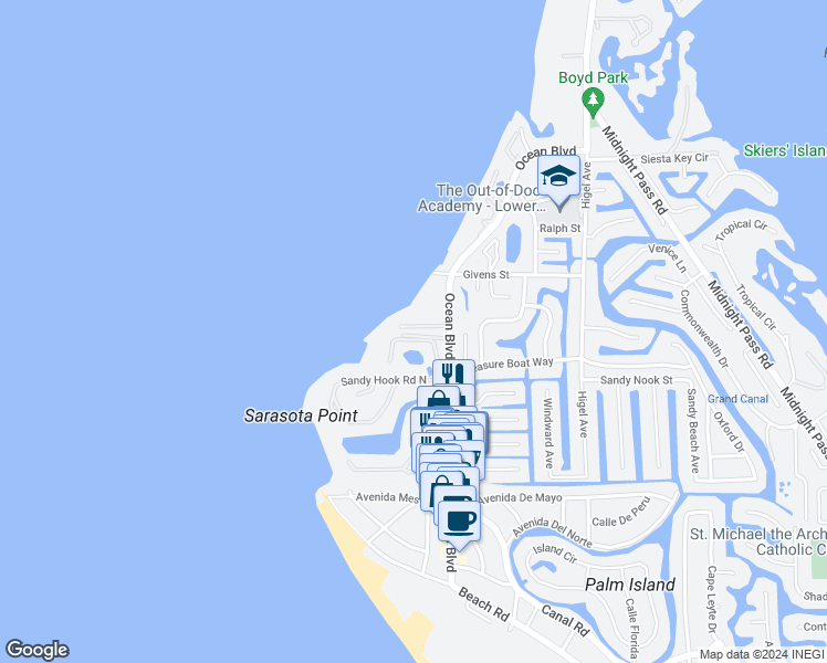 map of restaurants, bars, coffee shops, grocery stores, and more near 205 Pass Key Road in Siesta Key