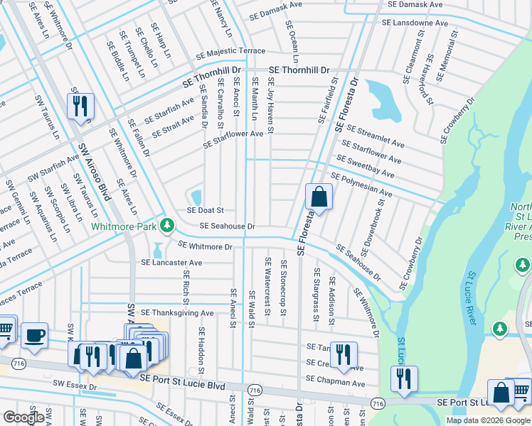 map of restaurants, bars, coffee shops, grocery stores, and more near 1972 Southeast Joy Haven Street in Port St. Lucie