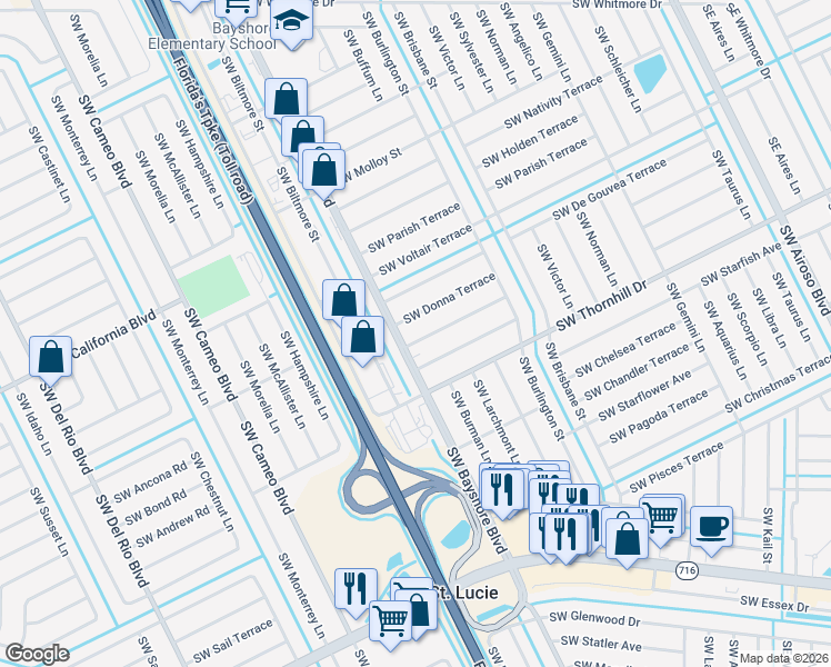 map of restaurants, bars, coffee shops, grocery stores, and more near 385 Southwest Grimaldo Terrace in Port St. Lucie