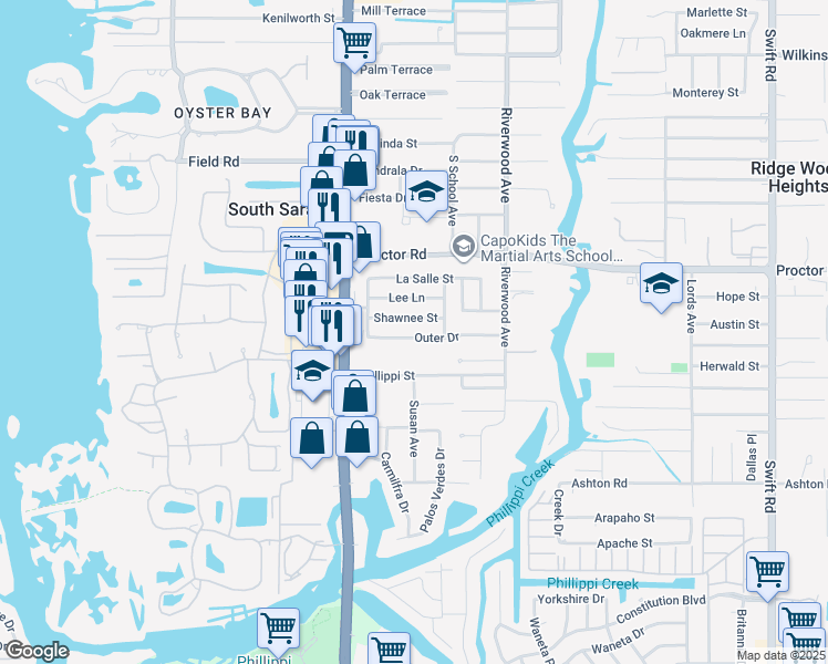 map of restaurants, bars, coffee shops, grocery stores, and more near 2121 Outer Drive in Sarasota