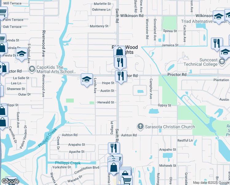 map of restaurants, bars, coffee shops, grocery stores, and more near 2730 Austin Street in Sarasota