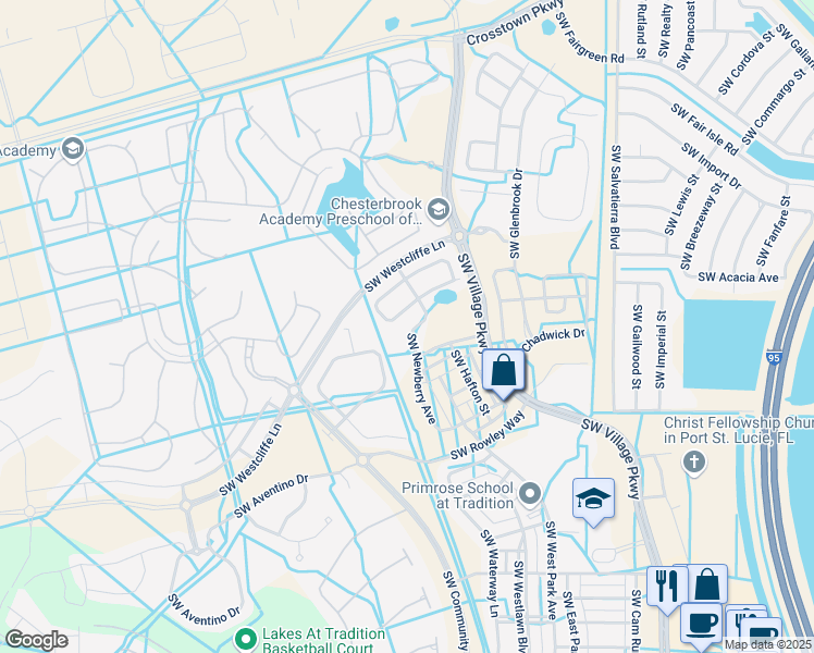 map of restaurants, bars, coffee shops, grocery stores, and more near 10051 Southwest Patterson Street in Port St. Lucie