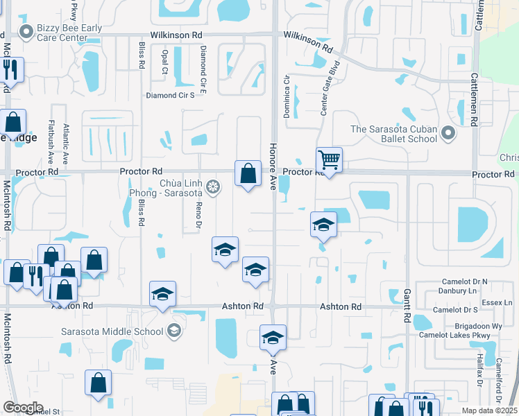 map of restaurants, bars, coffee shops, grocery stores, and more near 5285 Palm Isles Boulevard in Sarasota