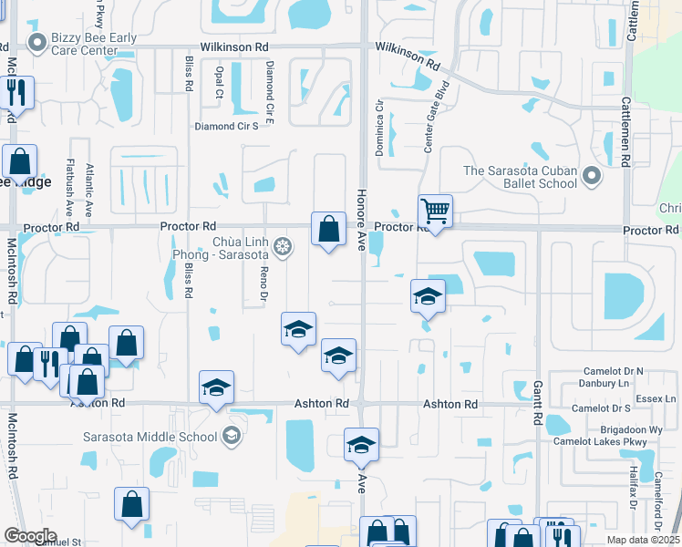 map of restaurants, bars, coffee shops, grocery stores, and more near 5285 Palm Isles Boulevard in Sarasota