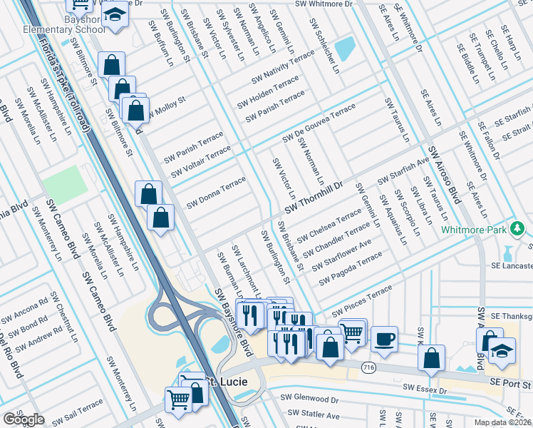 map of restaurants, bars, coffee shops, grocery stores, and more near 1985 Southwest Burlington Street in Port St. Lucie