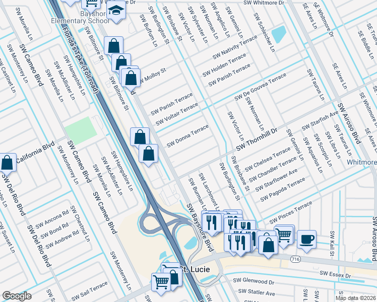 map of restaurants, bars, coffee shops, grocery stores, and more near 356 Southwest Grimaldo Terrace in Port St. Lucie