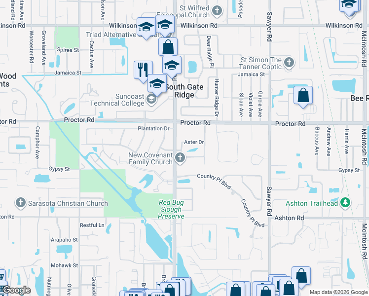 map of restaurants, bars, coffee shops, grocery stores, and more near 3702 Aster Drive in Sarasota