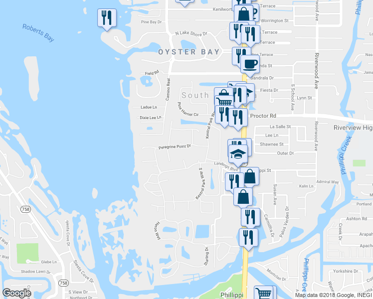 map of restaurants, bars, coffee shops, grocery stores, and more near 1646 Peregrine Point Drive in Sarasota