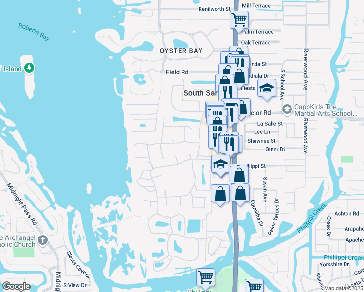 map of restaurants, bars, coffee shops, grocery stores, and more near 1622 Peregrine Point Drive in Sarasota