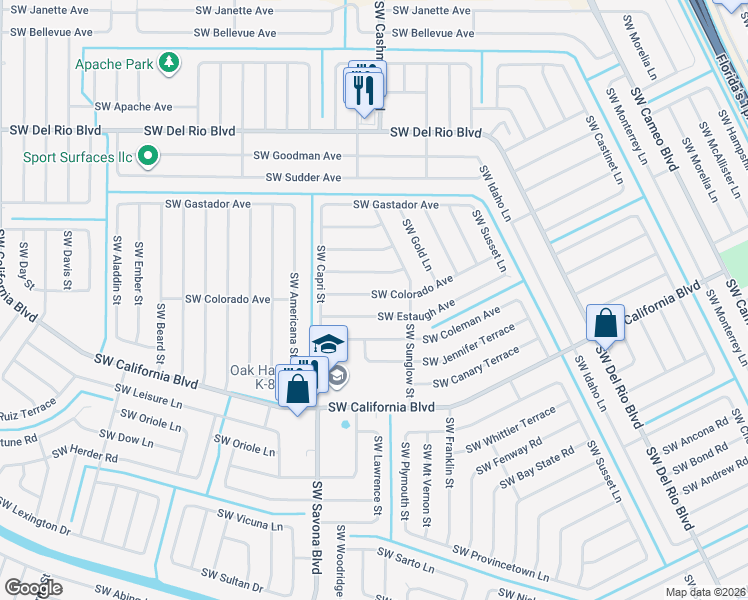 map of restaurants, bars, coffee shops, grocery stores, and more near 1132 Southwest Colorado Avenue in Port St. Lucie