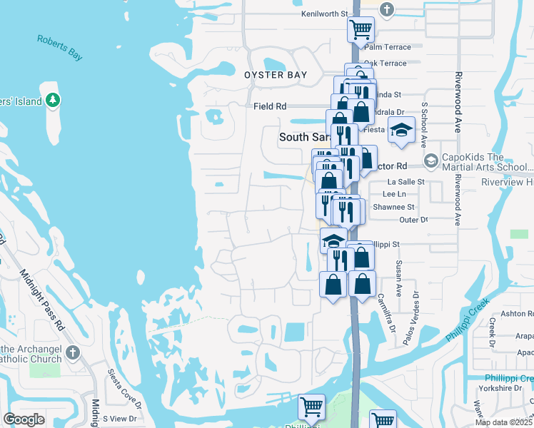 map of restaurants, bars, coffee shops, grocery stores, and more near 1622 Peregrine Point Drive in Sarasota