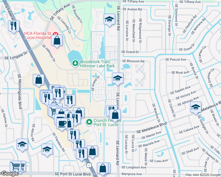 map of restaurants, bars, coffee shops, grocery stores, and more near 2153 Southeast Fern Park Drive in Port St. Lucie