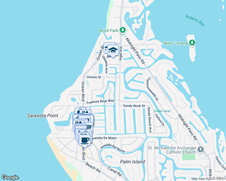 map of restaurants, bars, coffee shops, grocery stores, and more near 4863 Primrose Path in Siesta Key