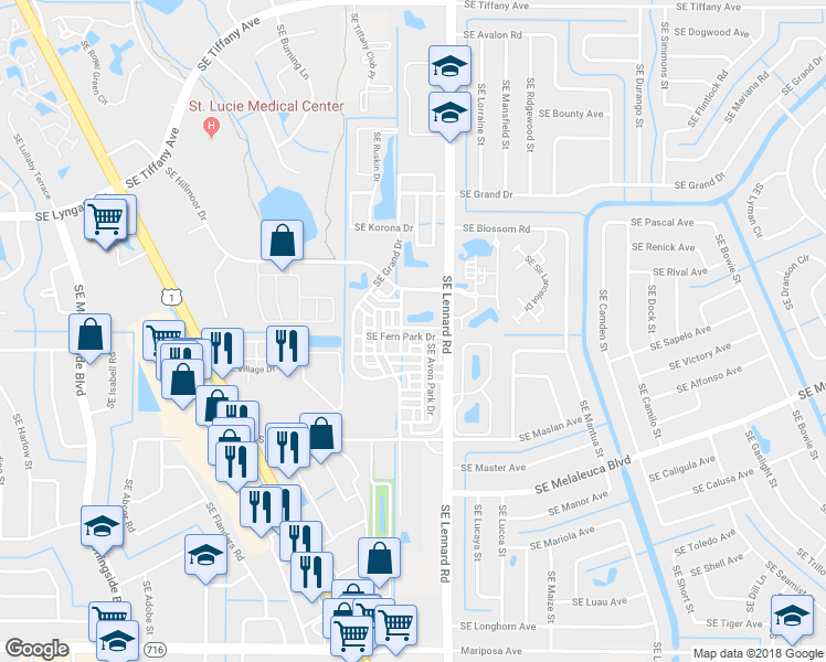 map of restaurants, bars, coffee shops, grocery stores, and more near 2153 Southeast Fern Park Drive in Port St. Lucie