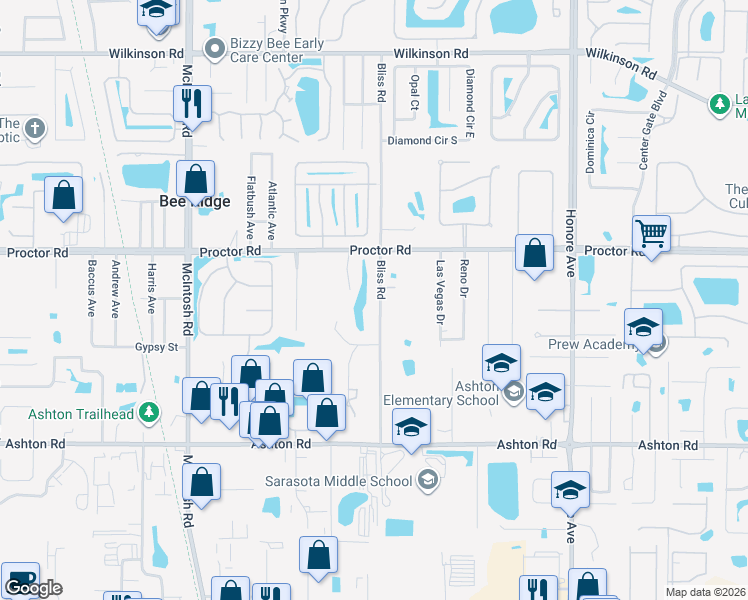 map of restaurants, bars, coffee shops, grocery stores, and more near 4908 Bliss Road in Sarasota