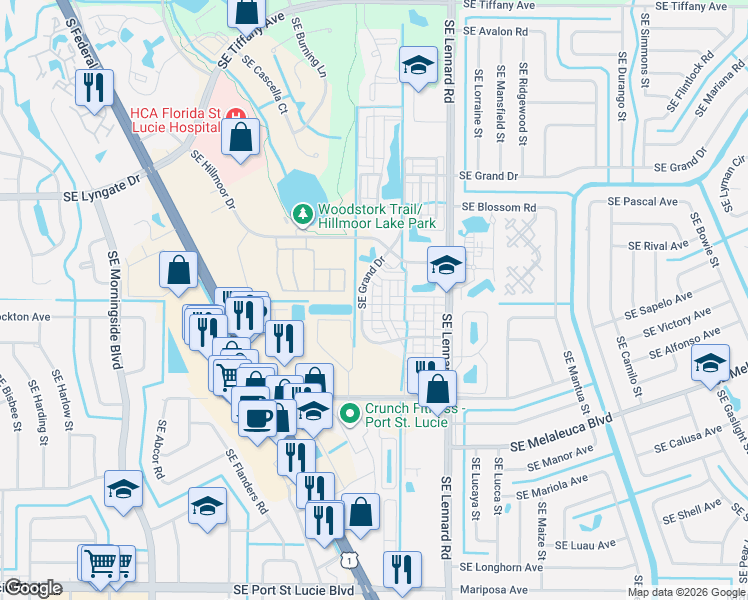 map of restaurants, bars, coffee shops, grocery stores, and more near 1928 Southeast High Springs Drive in Port St. Lucie