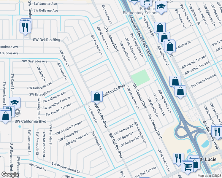 map of restaurants, bars, coffee shops, grocery stores, and more near 825 Southwest California Boulevard in Port St. Lucie