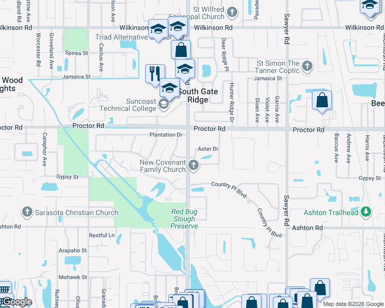 map of restaurants, bars, coffee shops, grocery stores, and more near 3702 Aster Drive in Sarasota